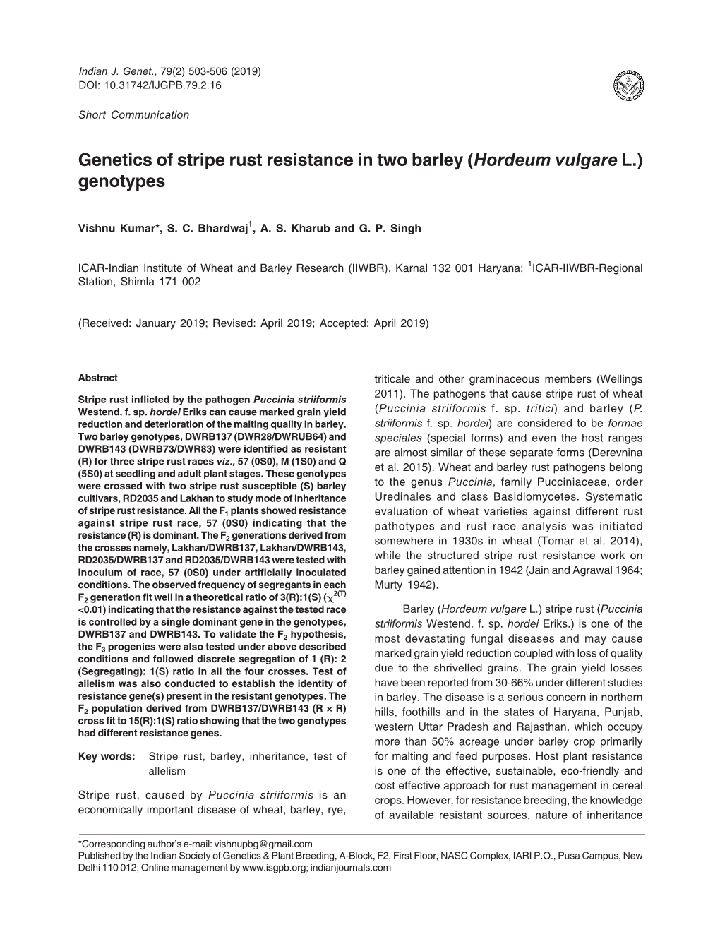 Genetics of Stripe Rust Resistance in Two Barley (Hordeum Vulgare L.) Genotypes