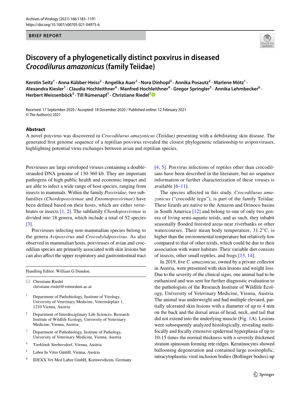 Discovery of a Phylogenetically Distinct Poxvirus in Diseased Crocodilurus Amazonicus (Family Teiidae)