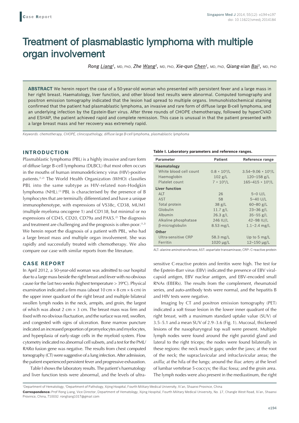 Treatment of Plasmablastic Lymphoma with Multiple Organ Involvement