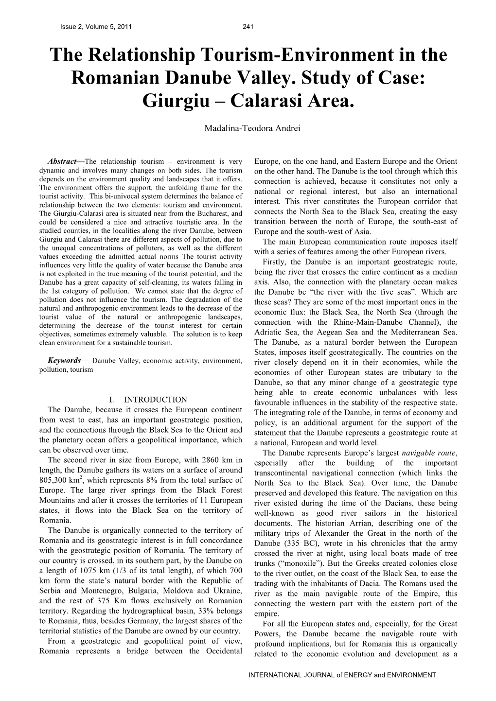 The Relationship Tourism-Environment in the Romanian Danube Valley. Study of Case: Giurgiu – Calarasi Area