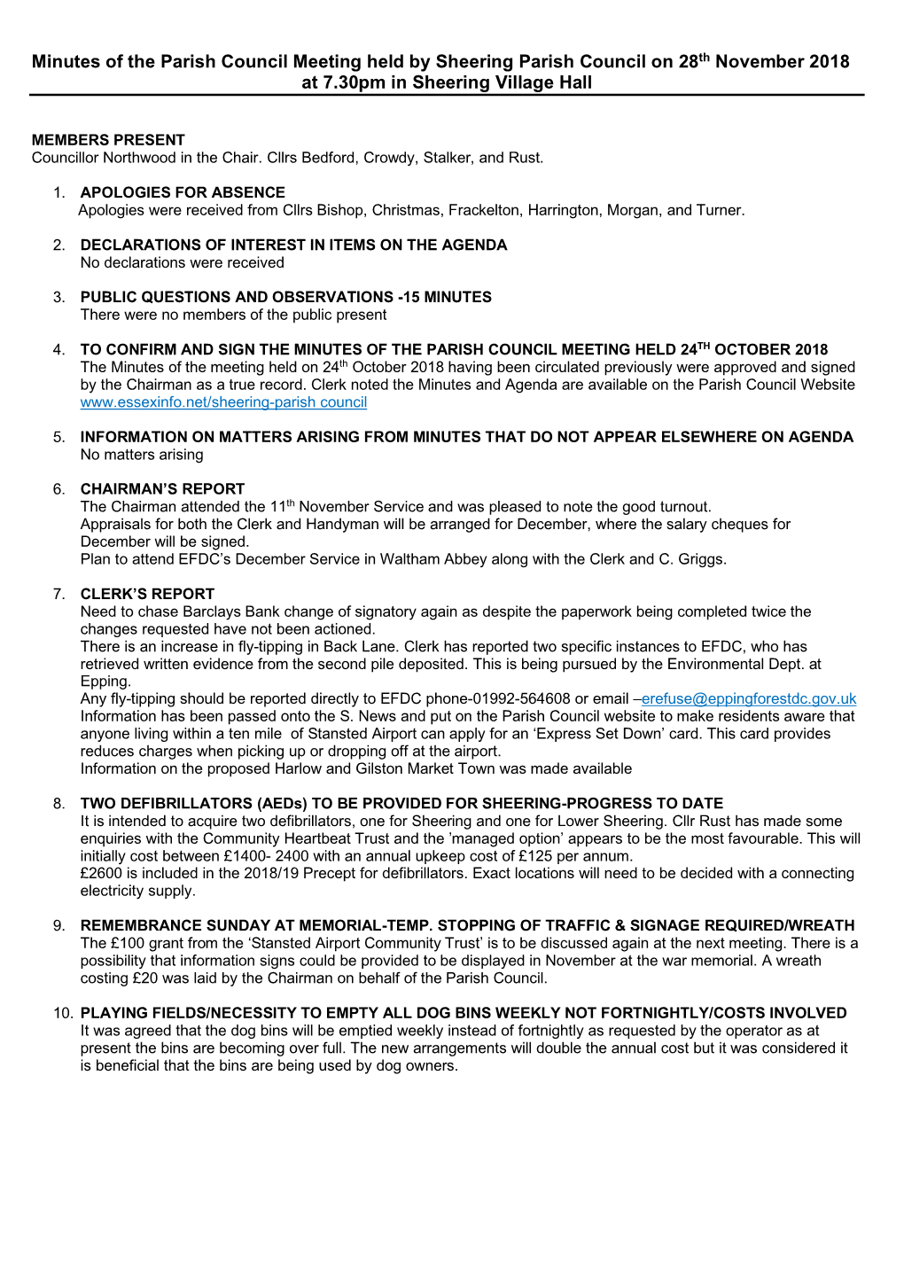 Minutes of the Parish Council Meeting Held by Sheering Parish Council on 28Th November 2018 at 7.30Pm in Sheering Village Hall