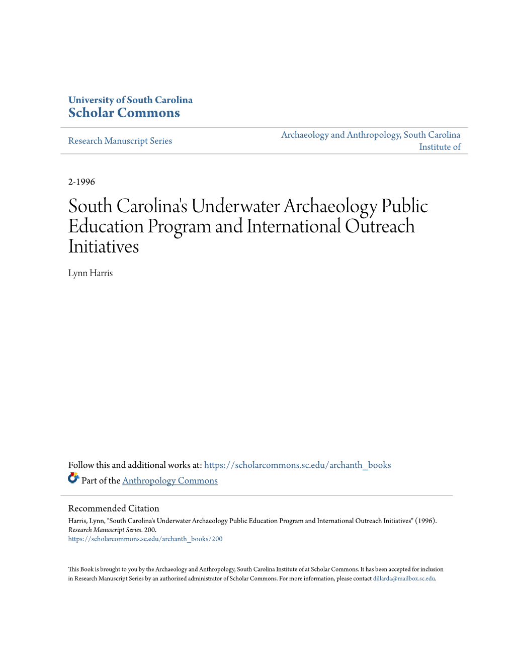 South Carolina's Underwater Archaeology Public Education Program and International Outreach Initiatives Lynn Harris