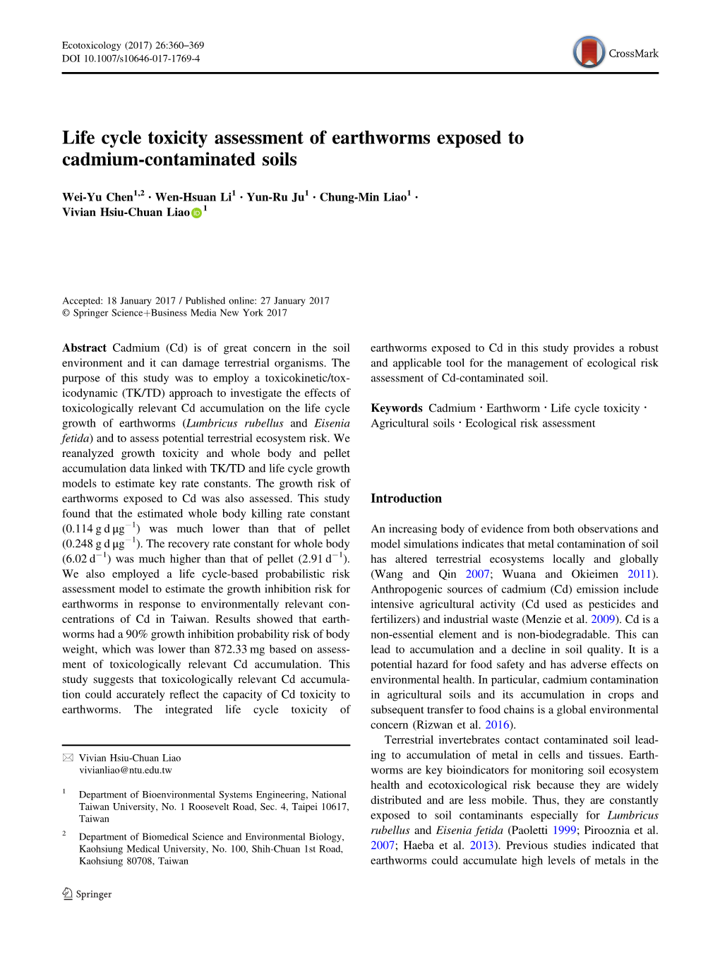 Life Cycle Toxicity Assessment of Earthworms Exposed to Cadmium-Contaminated Soils