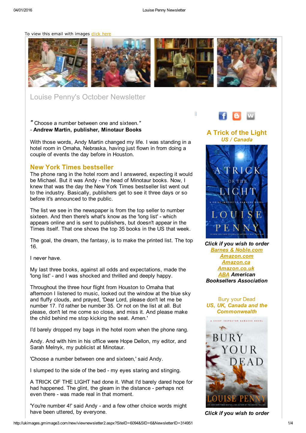 Louise Penny's October Newsletter