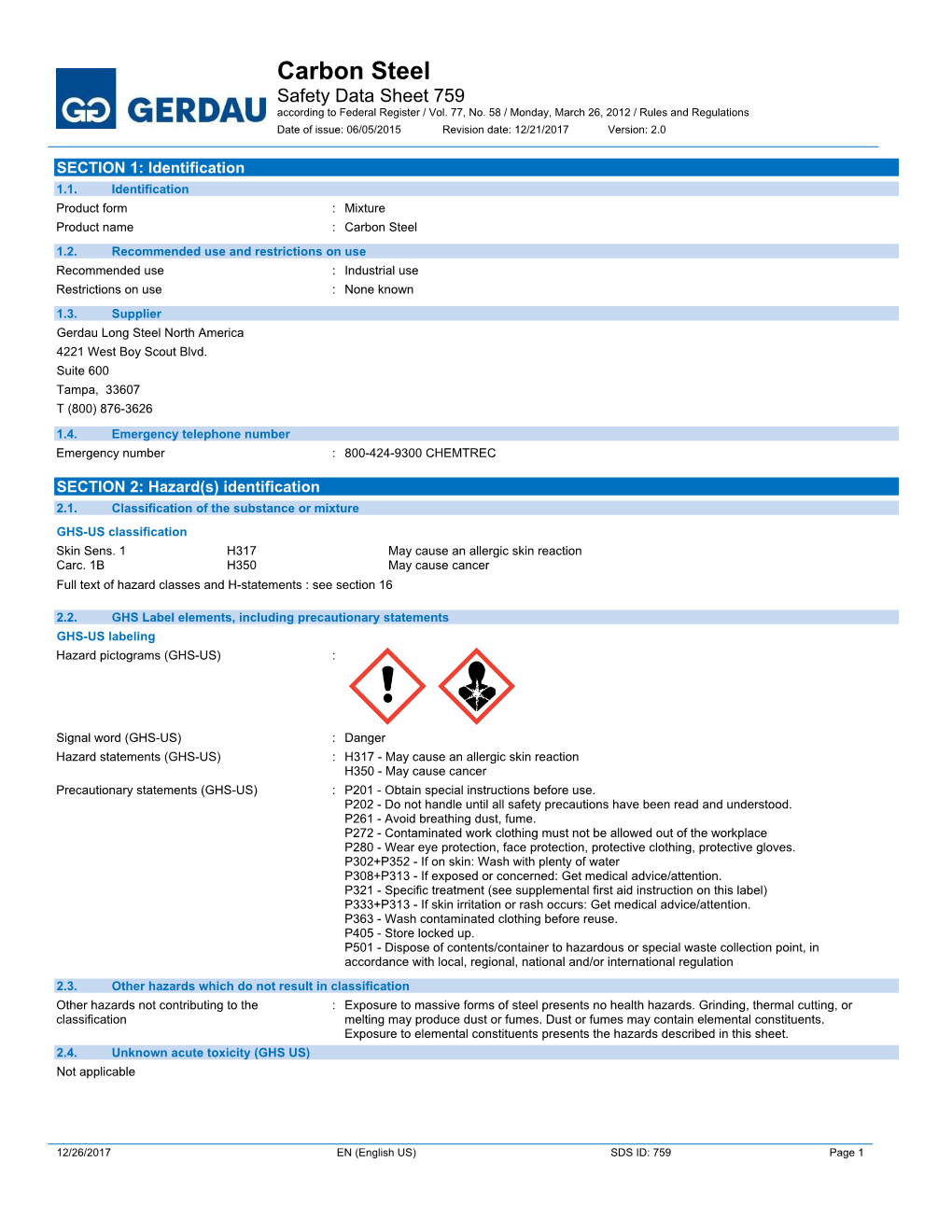 Carbon Steel Safety Data Sheet 759 According to Federal Register / Vol