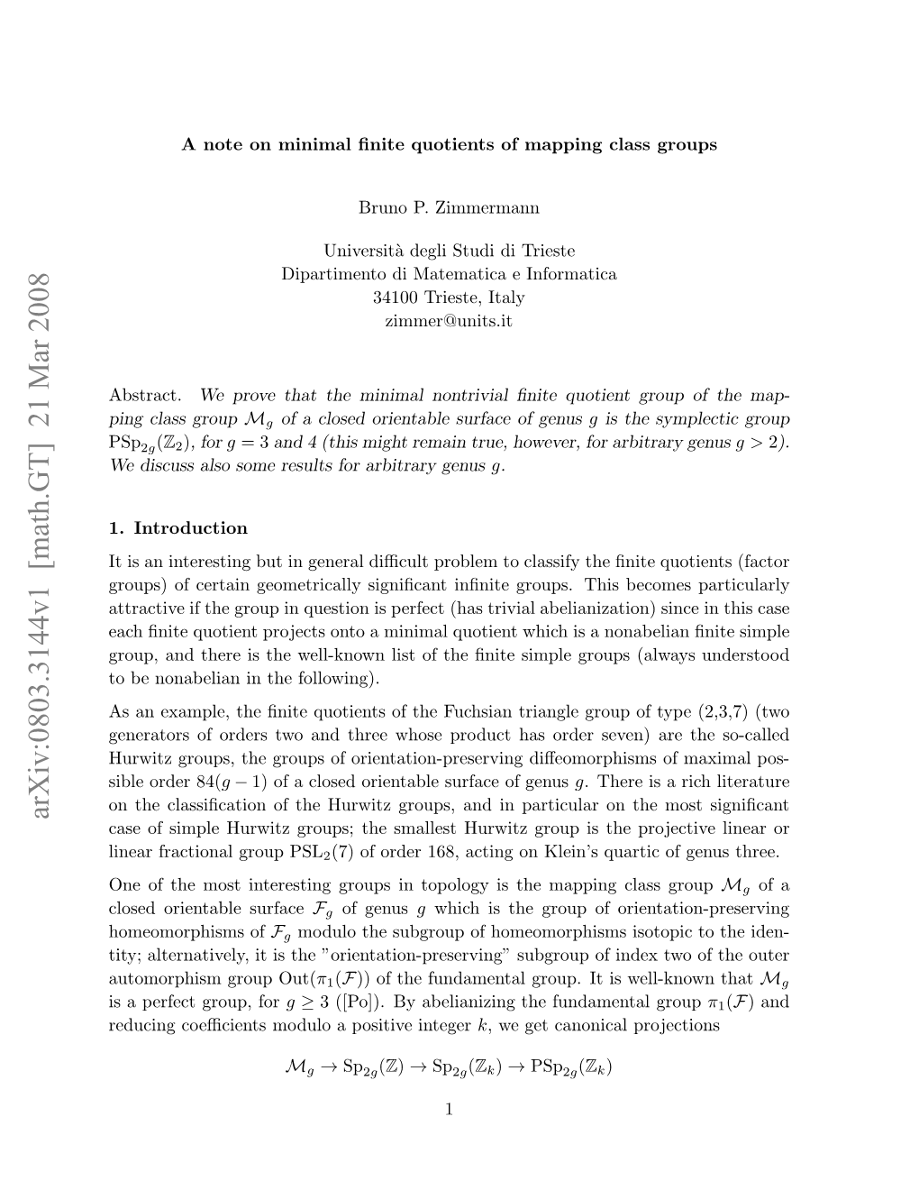 A Note on Minimal Finite Quotients of Mapping Class Groups