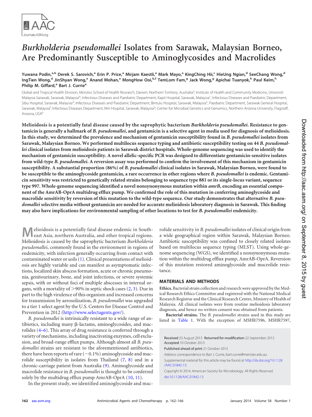 Burkholderia Pseudomallei Isolates from Sarawak, Malaysian Borneo, Are Predominantly Susceptible to Aminoglycosides and Macrolides