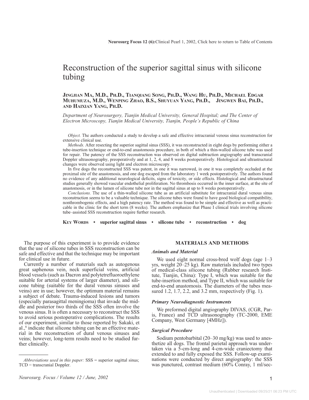 Reconstruction of the Superior Sagittal Sinus with Silicone Tubing