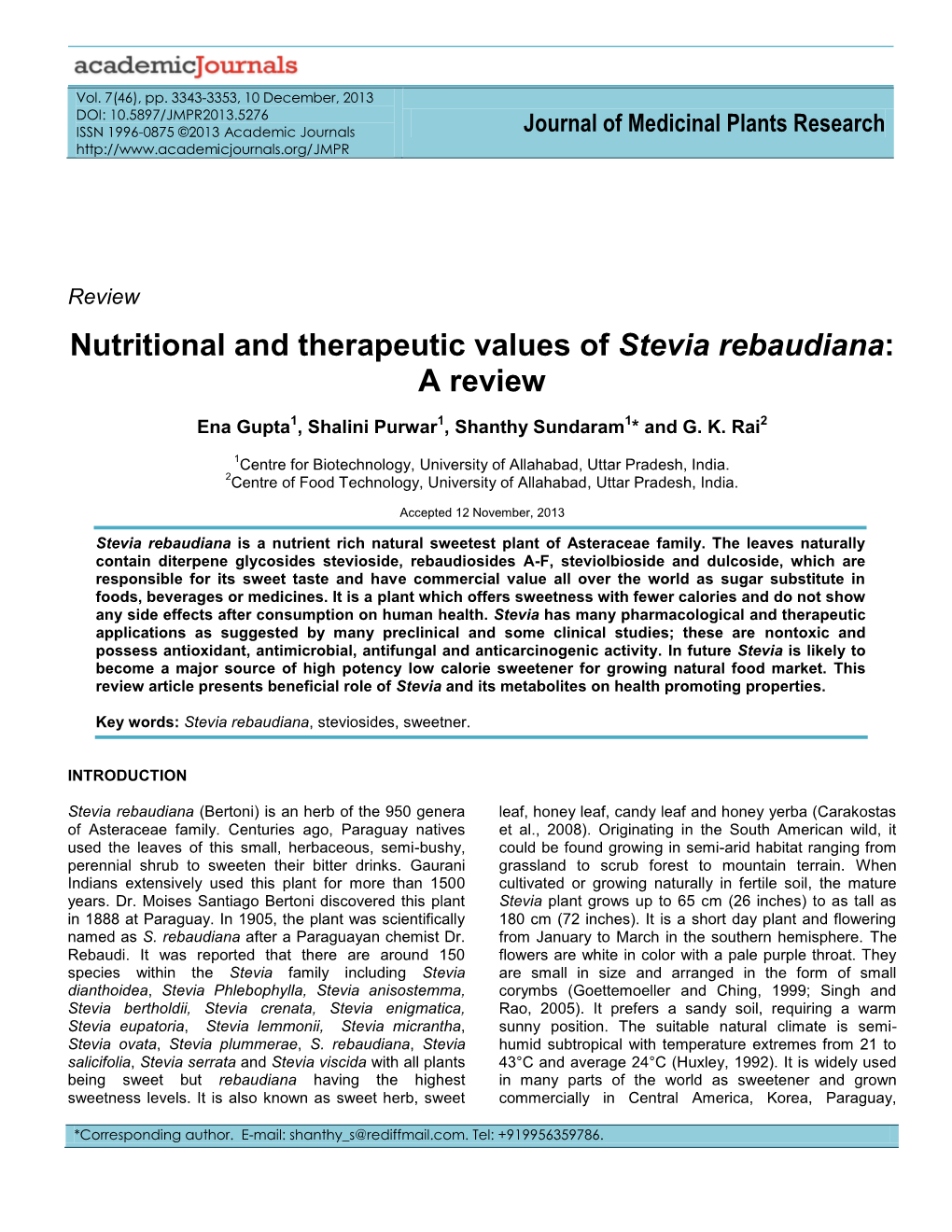 Nutritional and Therapeutic Values of Stevia Rebaudiana: a Review