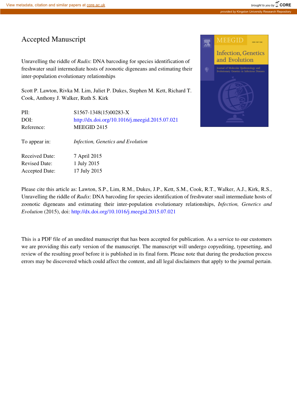 Unravelling the Riddle of Radix: DNA Barcoding for Species Identification of Freshwater Snail Intermediate Hosts of Zoonotic