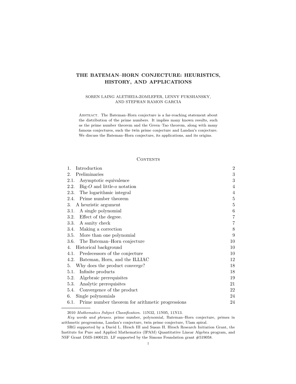 THE BATEMAN–HORN CONJECTURE: HEURISTICS, HISTORY, and APPLICATIONS Contents 1. Introduction 2 2. Preliminaries 3 2.1. Asymptot