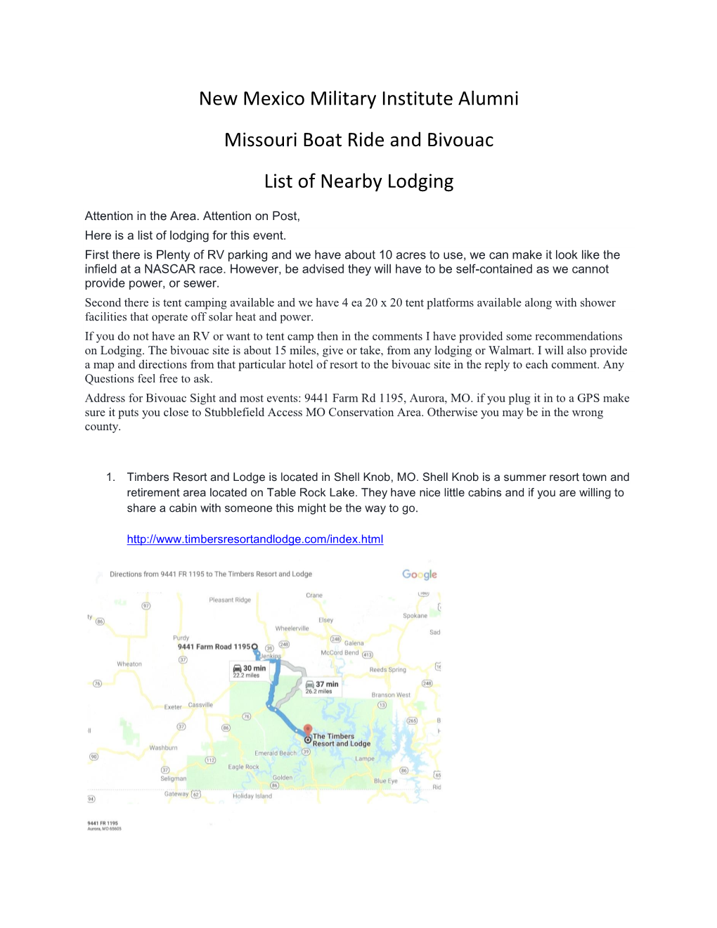 New Mexico Military Institute Alumni Missouri Boat Ride and Bivouac List of Nearby Lodging