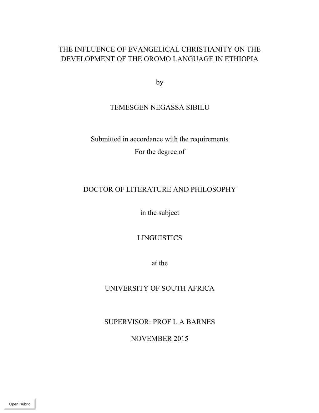 The Influence of Evangelical Christianity on the Development of the Oromo Language in Ethiopia