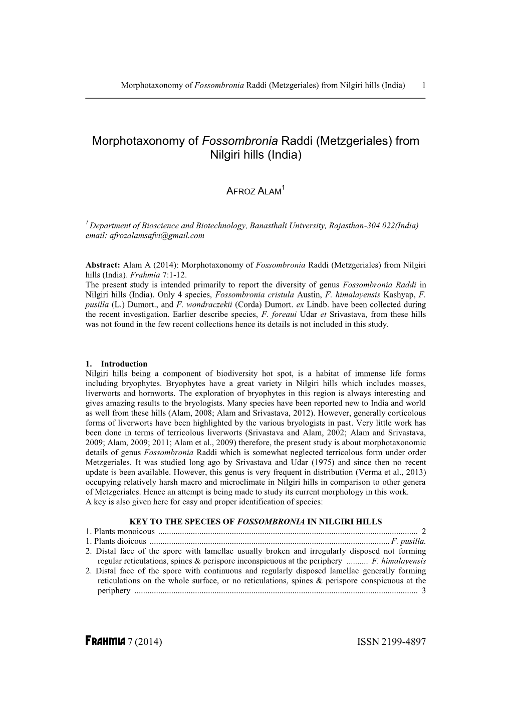 Morphotaxonomy of Fossombronia Raddi (Metzgeriales) from Nilgiri Hills (India) 1