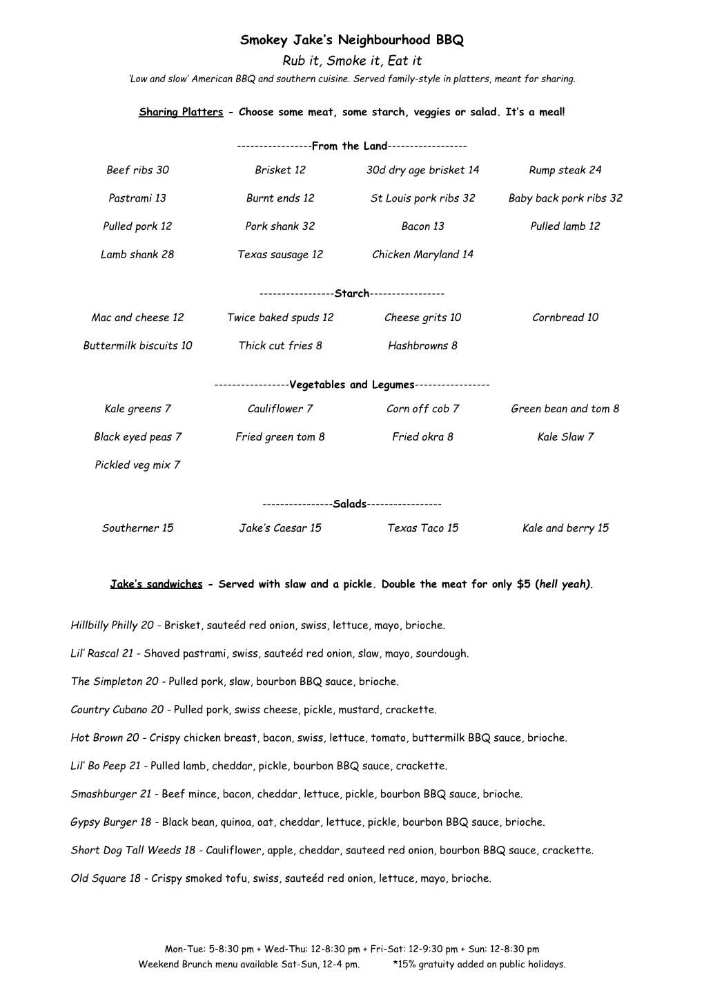 Smokey Jakes Menu May 2021