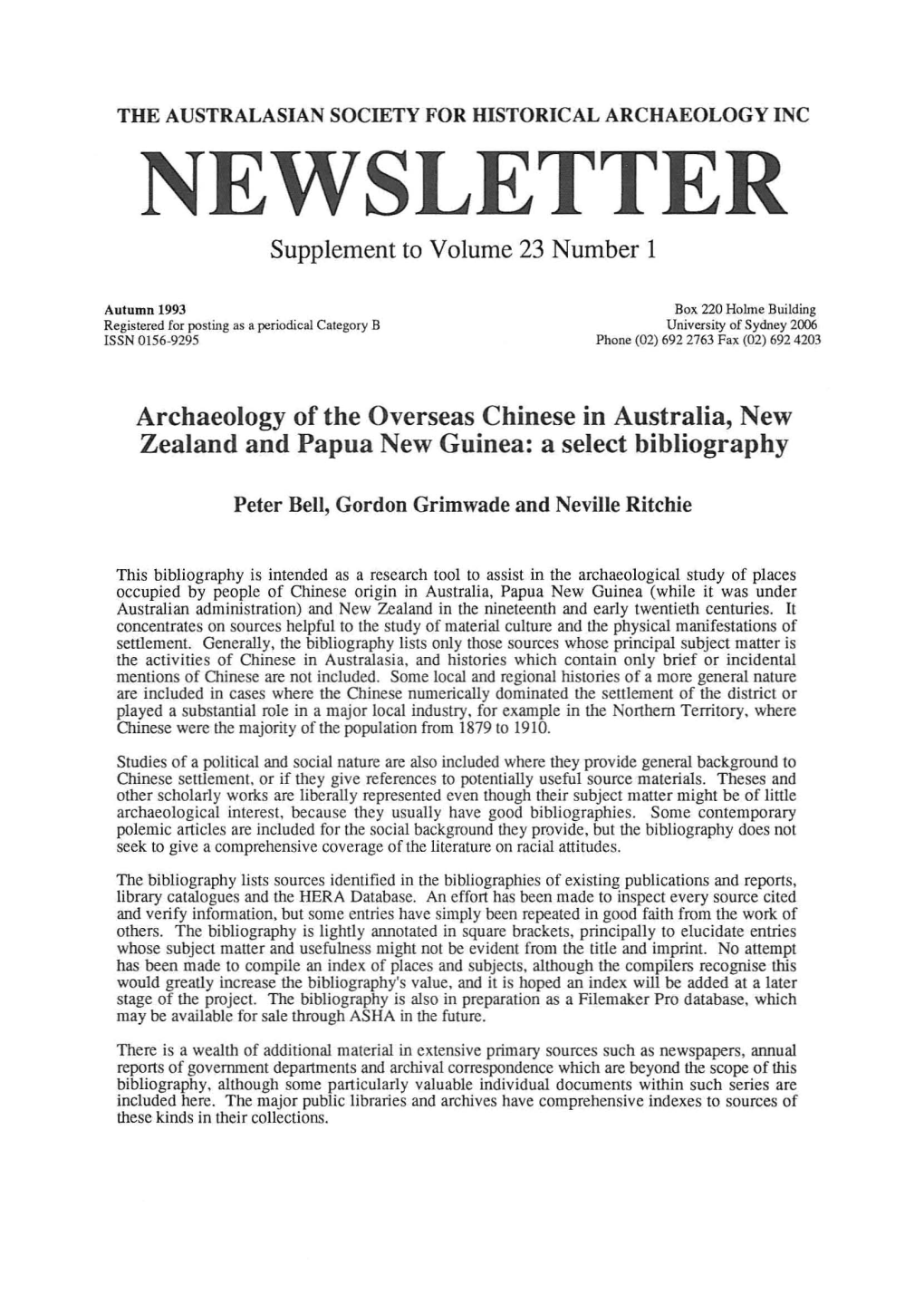 NEWSLETTER Supplement to Volume 23 Number 1