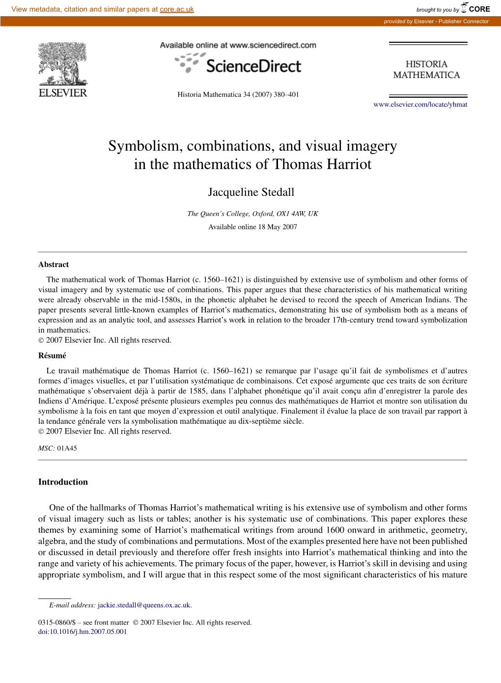 Symbolism, Combinations, and Visual Imagery in the Mathematics of Thomas Harriot