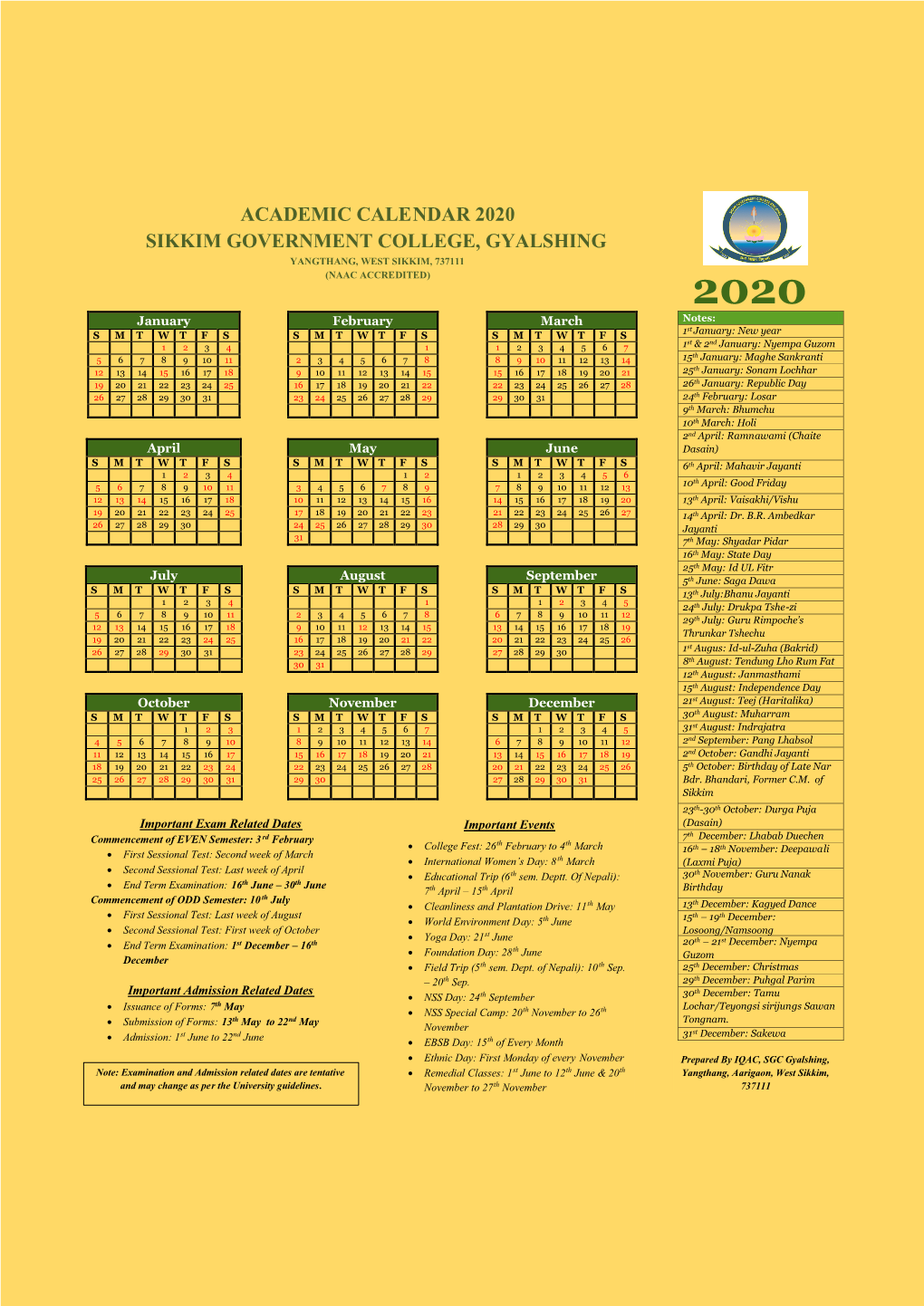 College Calendar 2020