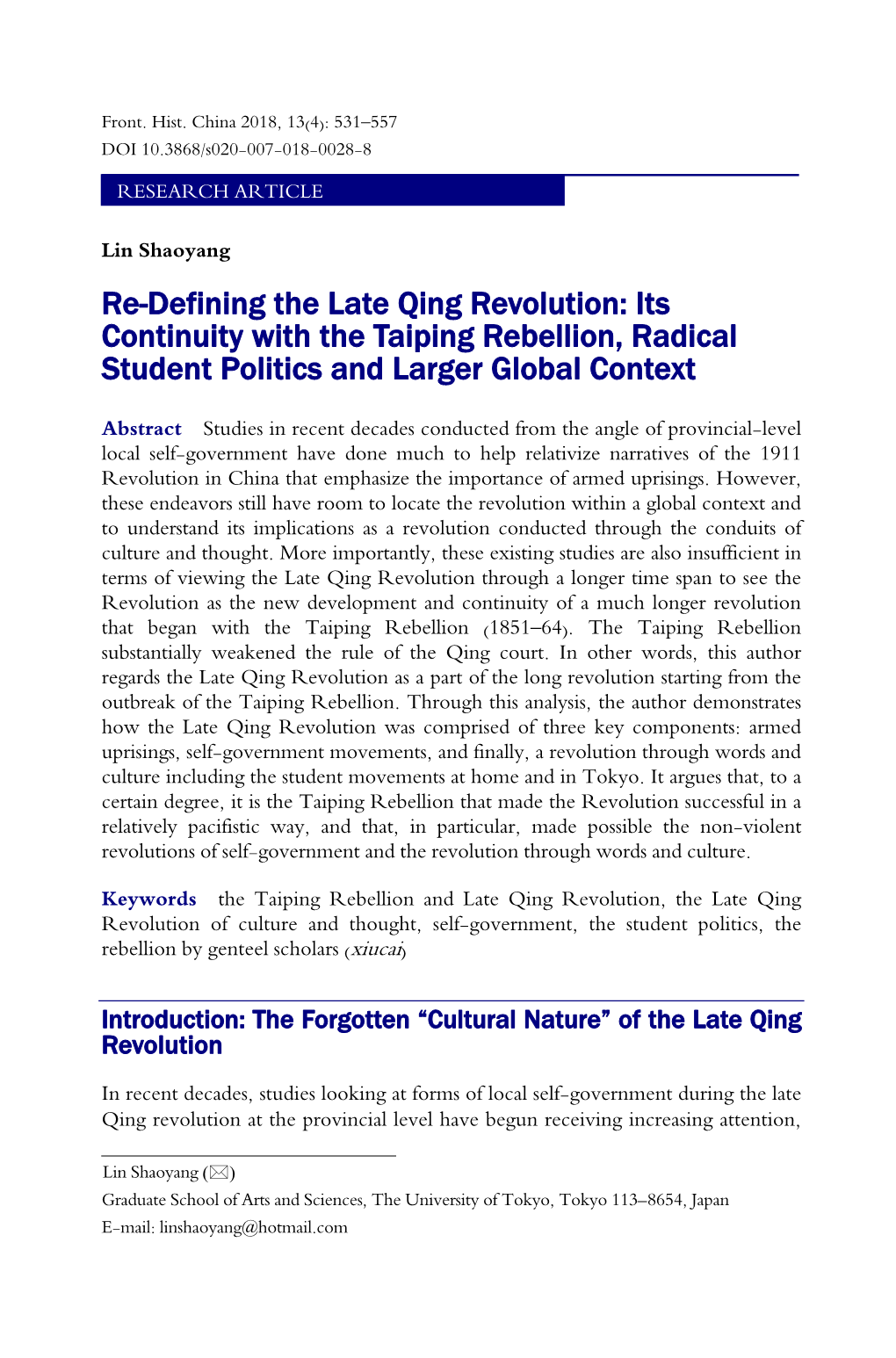 Re-Defining the Late Qing Revolution: Its Continuity with the Taiping Rebellion, Radical Student Politics and Larger Global Context