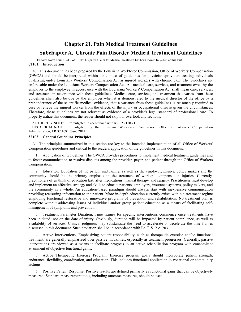 Chronic Pain Disorder Medical Treatment Guidelines Editor’S Note: Form LWC-WC 1009