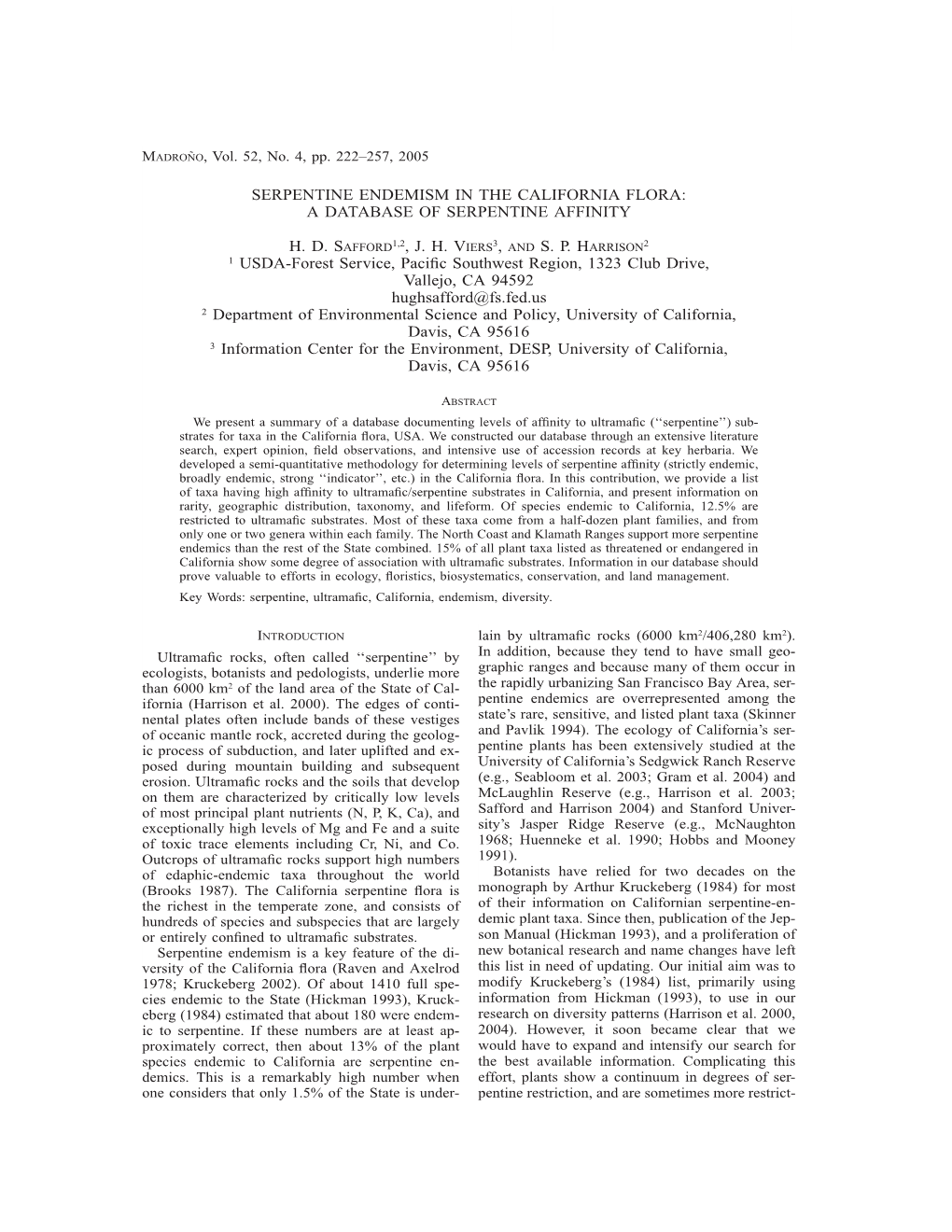 Serpentine Endemism in the California Flora: a Database of Serpentine Affinity