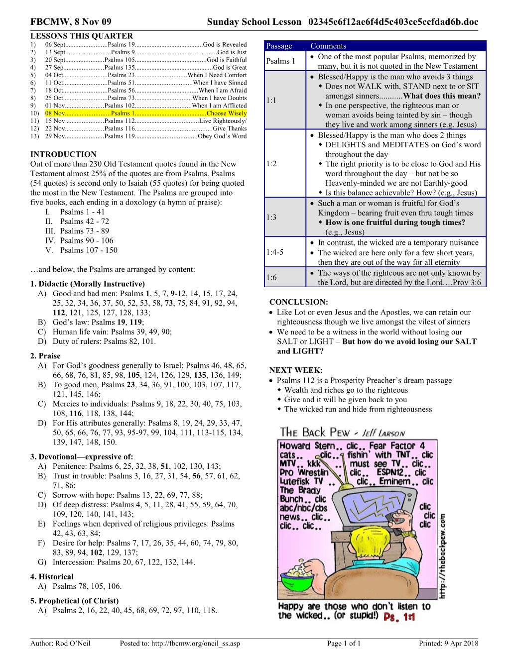 FBCMW, 8 Nov 09 Sunday School Lesson SS-Psalm-1