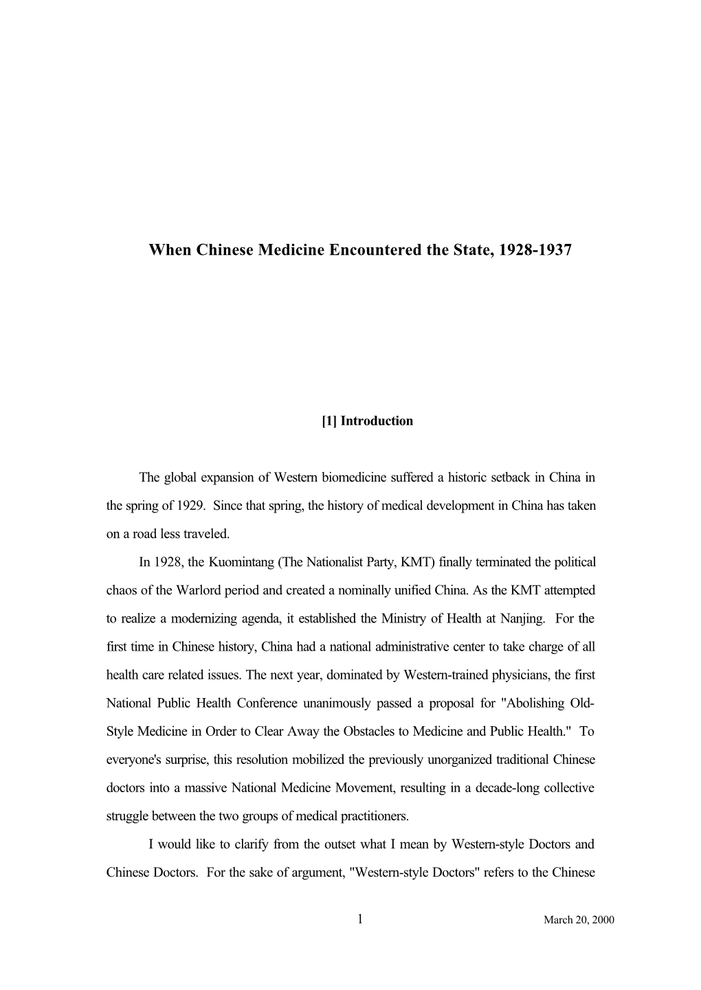 When Chinese Medicine Encountered the State, 1928-1937