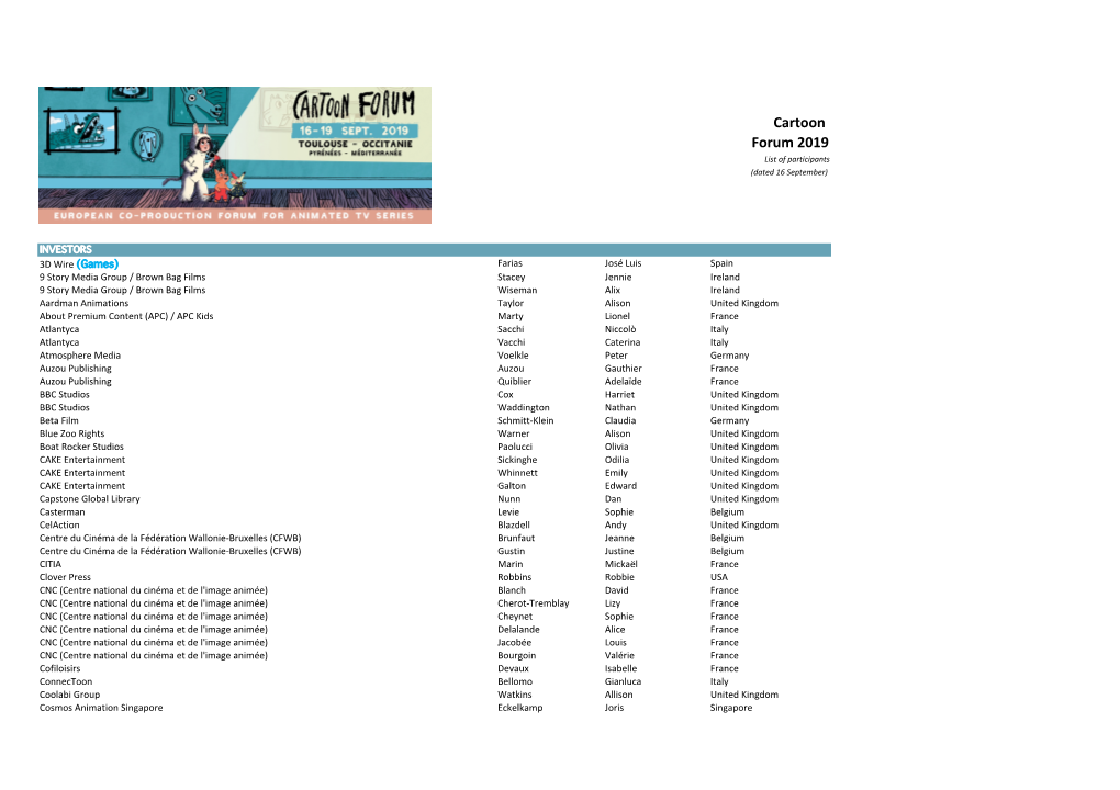 Cartoon Forum 2019 List of Participants (Dated 16 September)