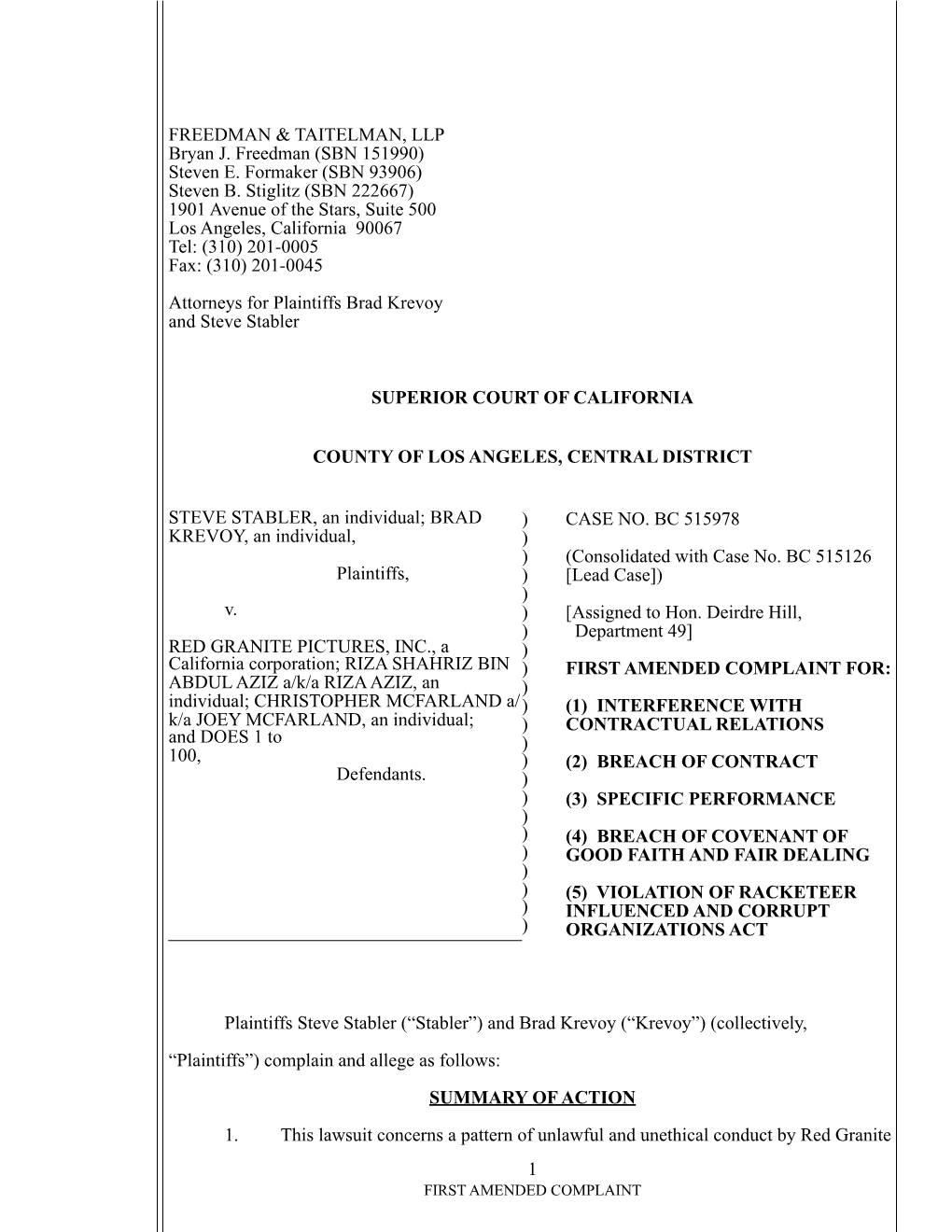 Steve Stabler Brad Krevoy 1-First Amended Complaint