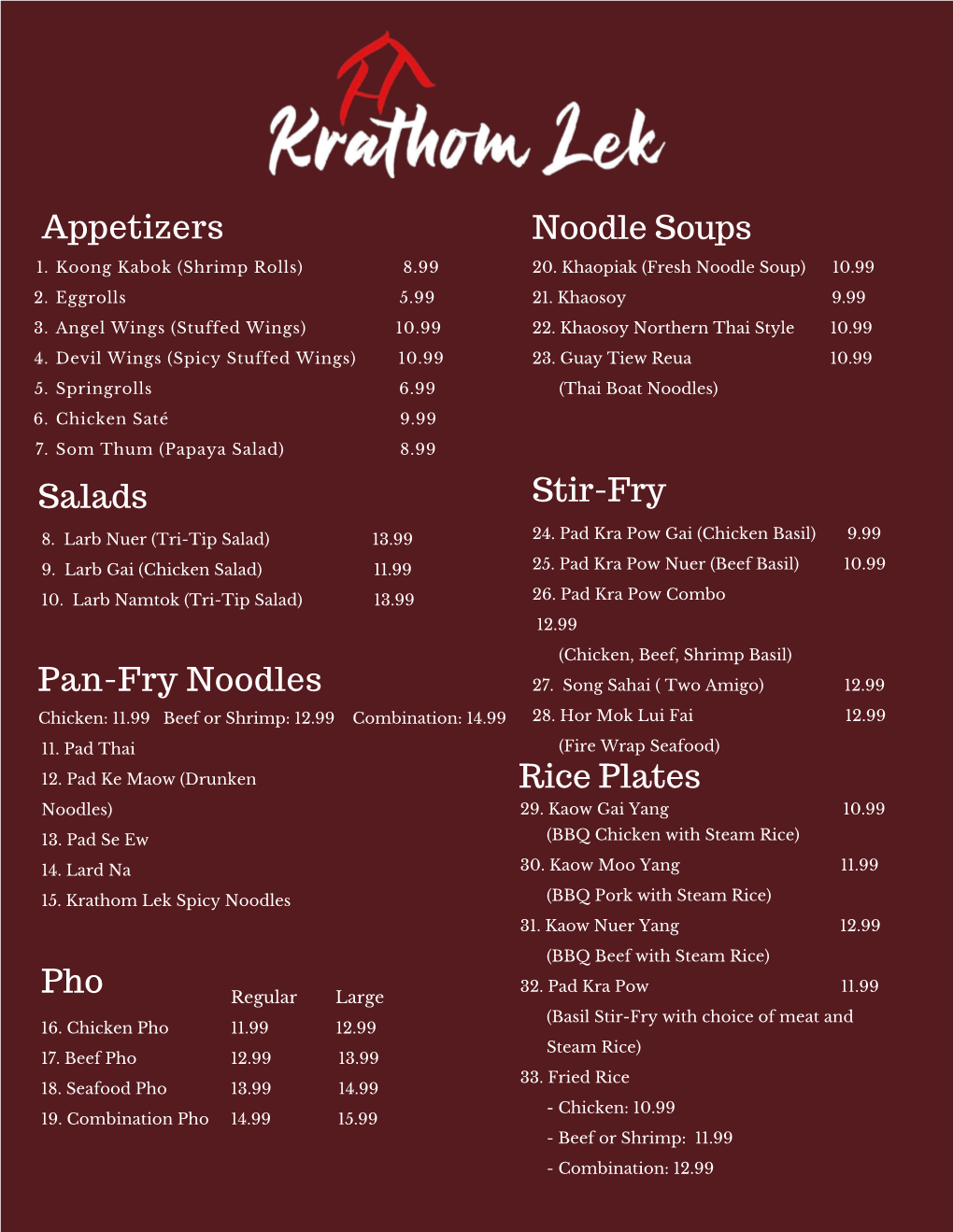 Krathom Lek Menu