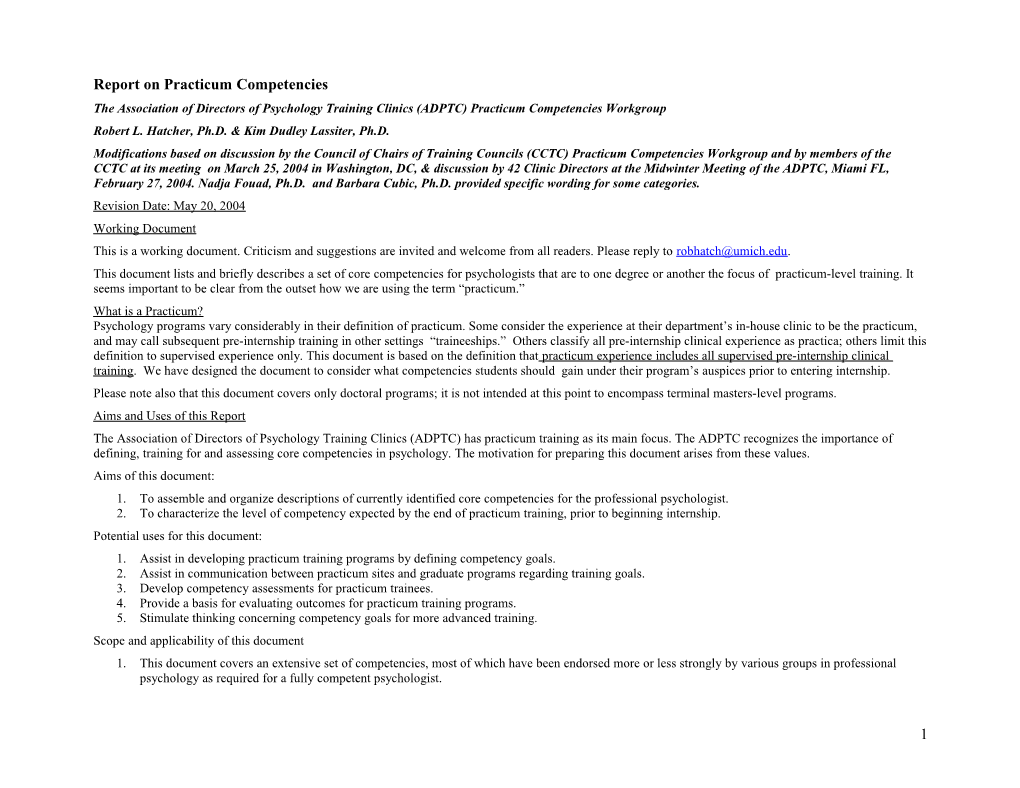 The Association of Directors of Psychology Training Clinics (ADPTC) Practicum Competencies