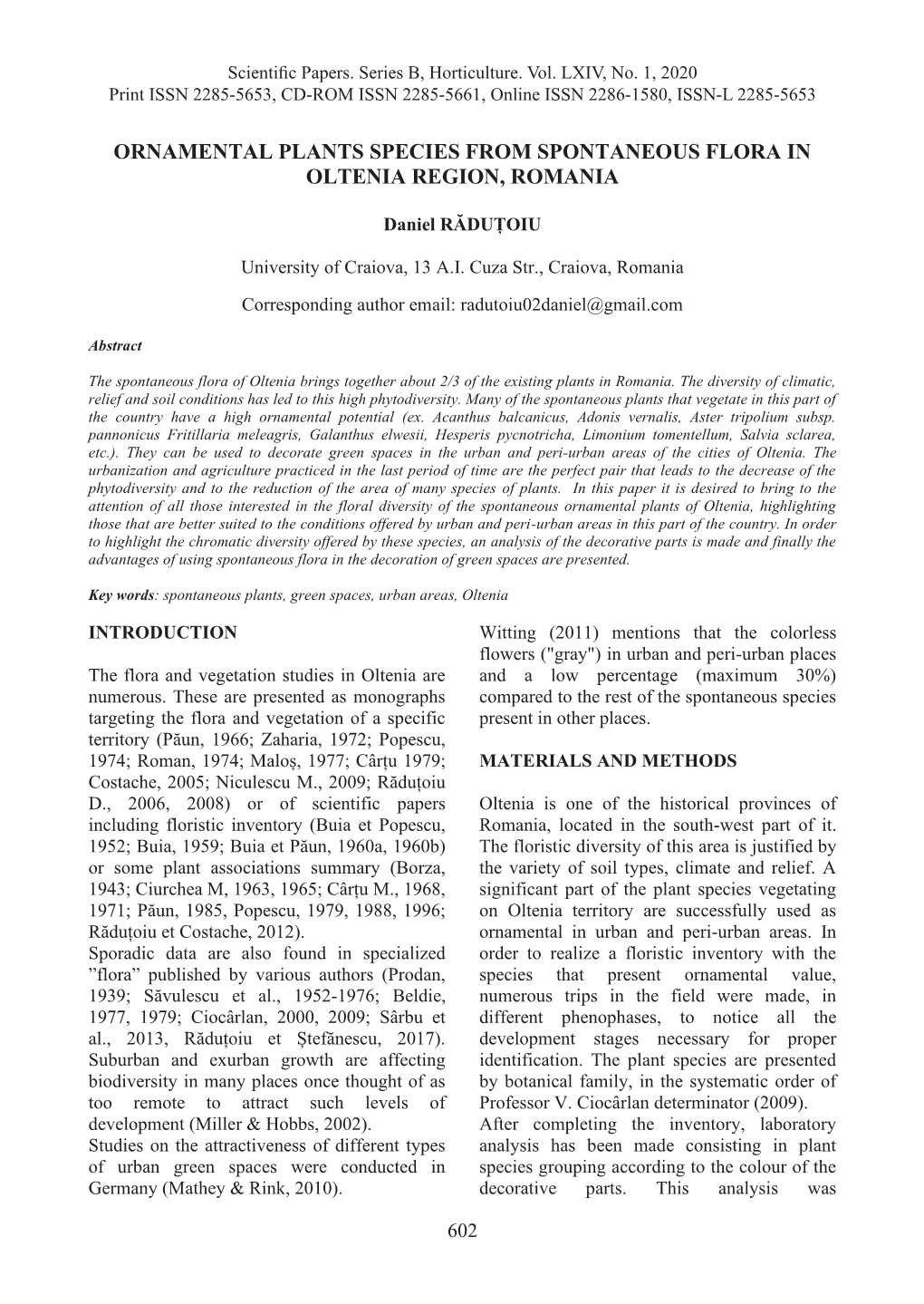 Ornamental Plants Species from Spontaneous Flora in Oltenia Region, Romania