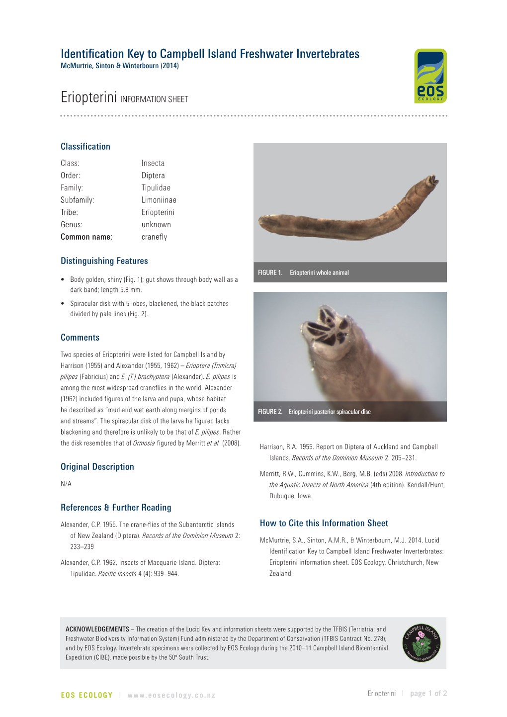 Identification Key to Campbell Island Freshwater Invertebrates Mcmurtrie, Sinton & Winterbourn (2014)