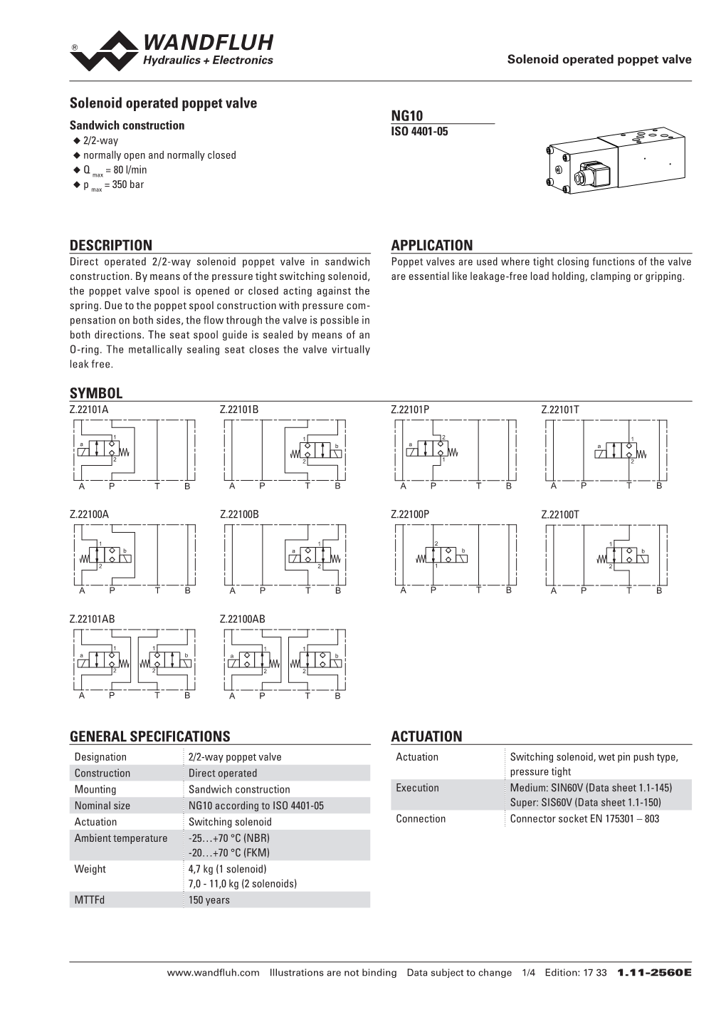 Solenoid Operated Poppet Valve NG10 DESCRIPTION APPLICATION