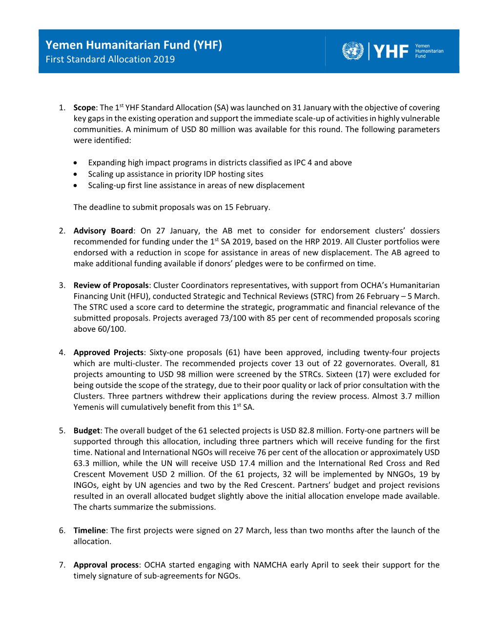 Yemen Humanitarian Fund (YHF) First Standard Allocation 2019