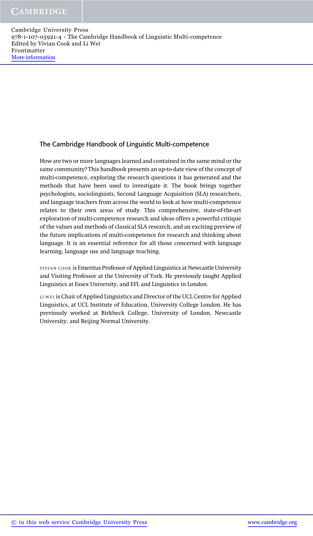 The Cambridge Handbook of Linguistic Multi-Competence Edited by Vivian Cook and Li Wei Frontmatter More Information