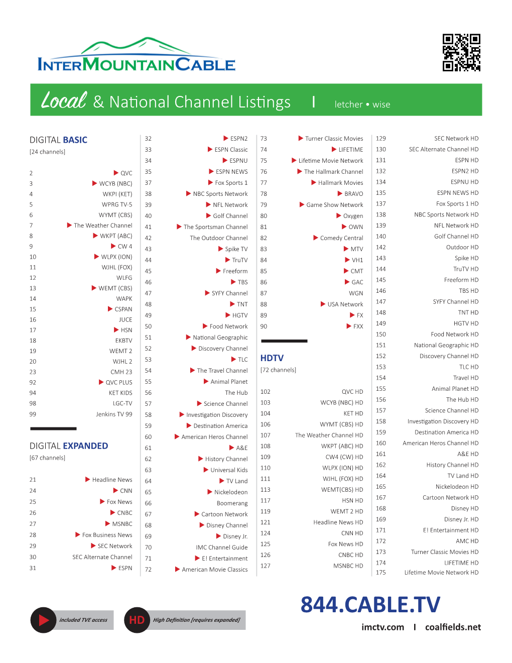 844.CABLE.TV  Included TVE Access HD High Definition [Requires Expanded] Imctv.Com I Coalfields.Net Local & National Channel Listings I Letcher • Wise