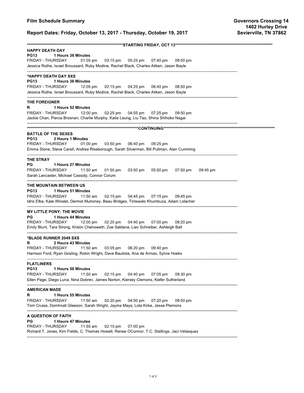 Film Schedule Summary Governors Crossing 14 1402 Hurley Drive Report Dates: Friday, October 13, 2017 - Thursday, October 19, 2017 Sevierville, TN 37862