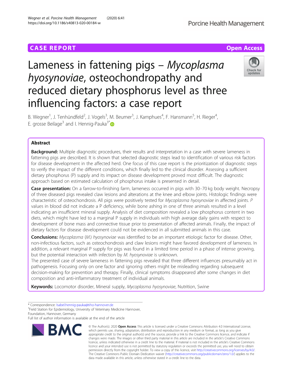 Lameness in Fattening Pigs – Mycoplasma Hyosynoviae, Osteochondropathy and Reduced Dietary Phosphorus Level As Three Influencing Factors: a Case Report B