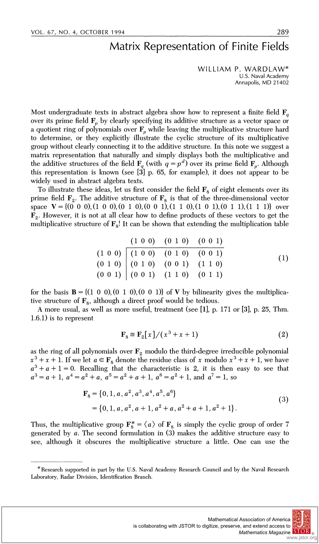 Matrix Representation of Finite Fields