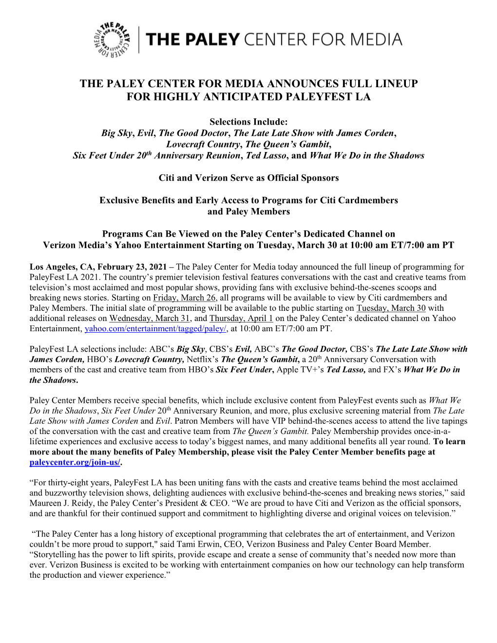 The Paley Center for Media Announces Full Lineup for Highly Anticipated Paleyfest La