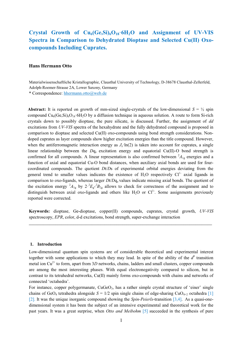 Crystal Growth of Cu6(Ge,Si)6O18·6H2O and Assignment of UV-VIS