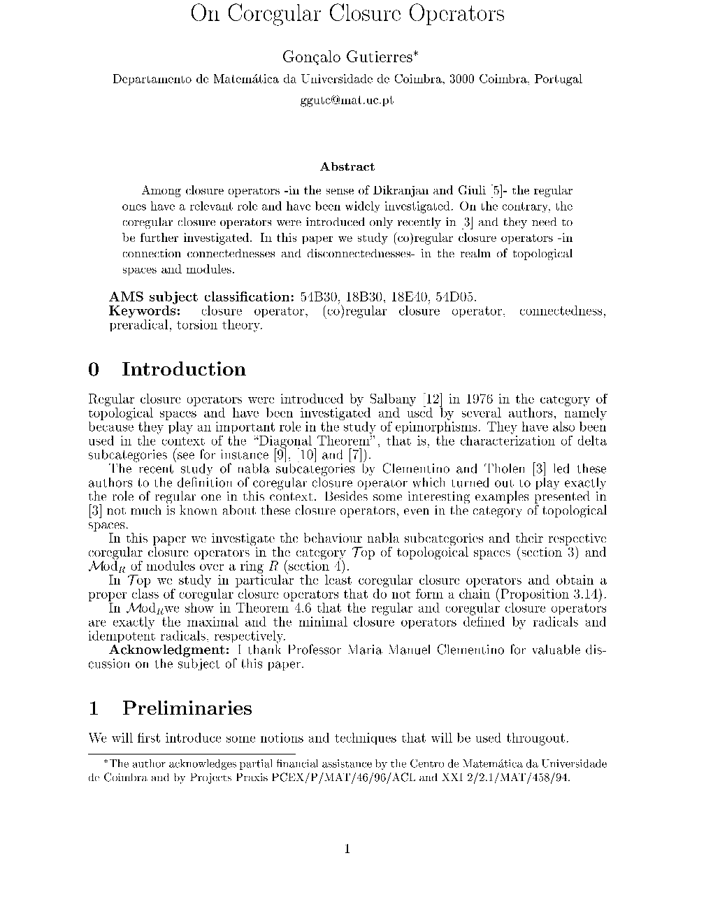 On Coregular Closure Operators 0 Introduction 1 Preliminaries