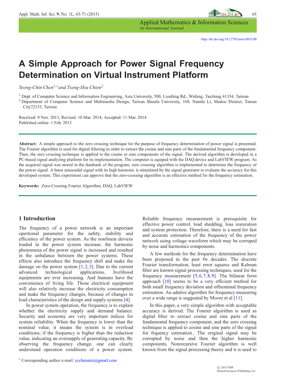 A Simple Approach for Power Signal Frequency Determination on Virtual Instrument Platform