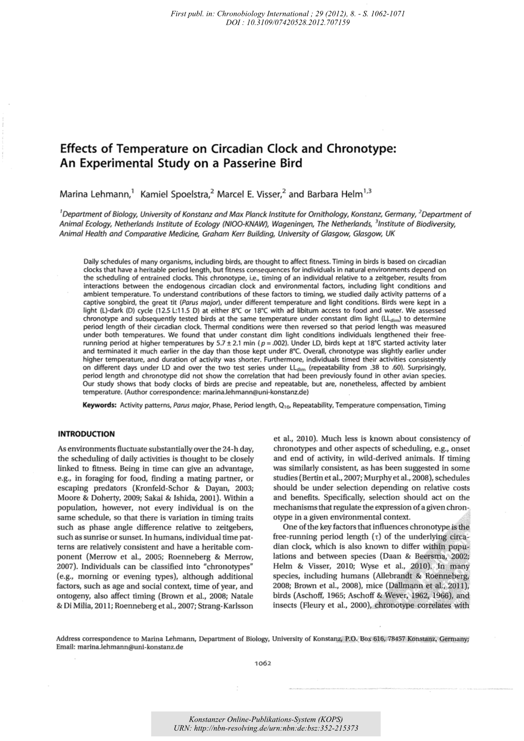 Effects of Temperature on Circadian Clock and Chronotype: an Experimental Study on a Passerine Bird