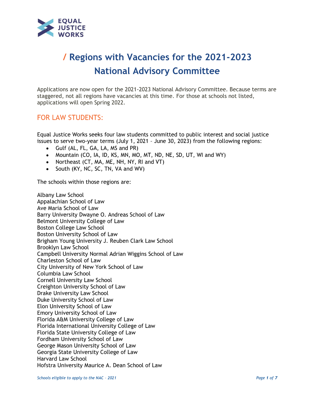 Regions with Vacancies for the 2021-2023 National Advisory Committee