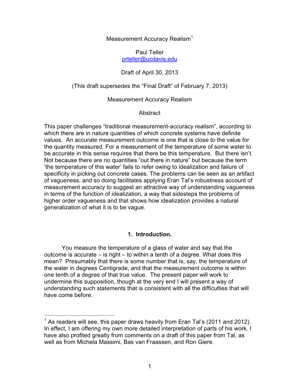 1 Measurement Accuracy Realism1 Paul Teller Prteller@Ucdavis.Edu