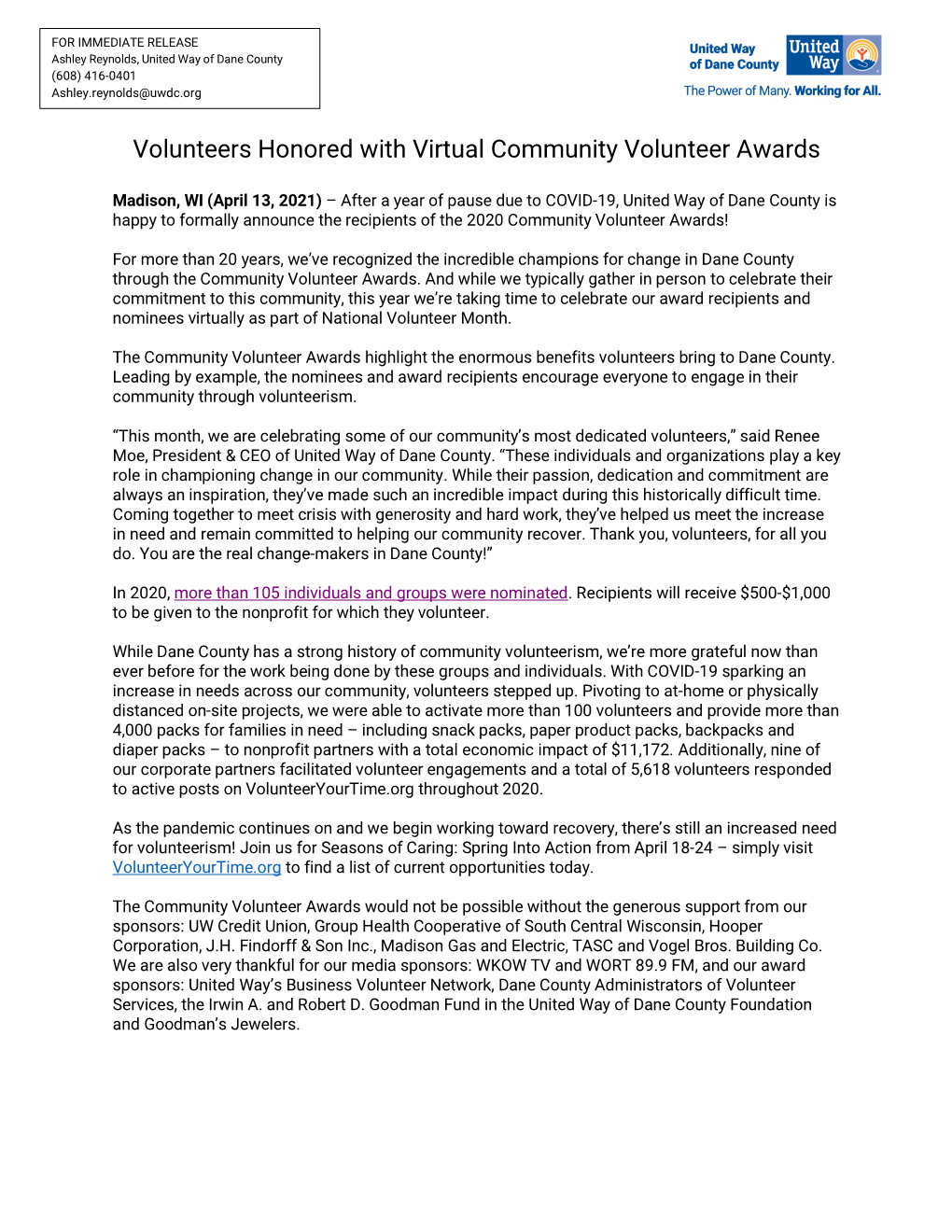 Volunteers Honored with Virtual Community Volunteer Awards