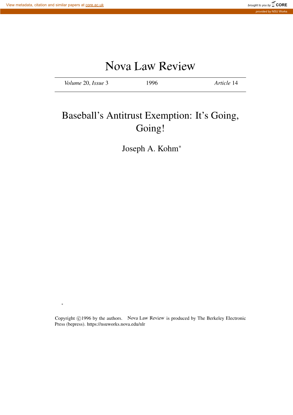 Baseball's Antitrust Exemption: It's Going, Going…Gone! Baseball's Antitrust Exemption: It's Going, Going