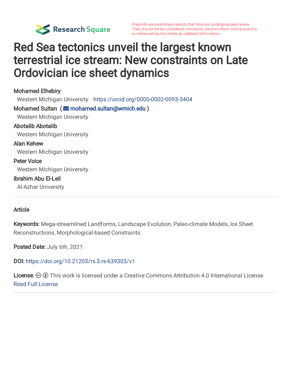 Red Sea Tectonics Unveil the Largest Known Terrestrial Ice Stream: New Constraints on Late Ordovician Ice Sheet Dynamics